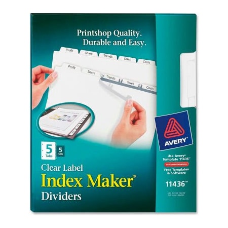 Avery Dennison Avery Index Maker Clear Label Divider, 5 Tabs, 5 Sets, White/White 11436